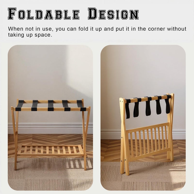 GAOHAPY Bamboo Luggage Rack with Shoe Shelf Folding Suitcase Stand with 5 Heavy-Duty Straps for Guest Room Living Room Hotel Ideal Luggage Holder for Suitcases Bags Shoes,Nature - Image 3